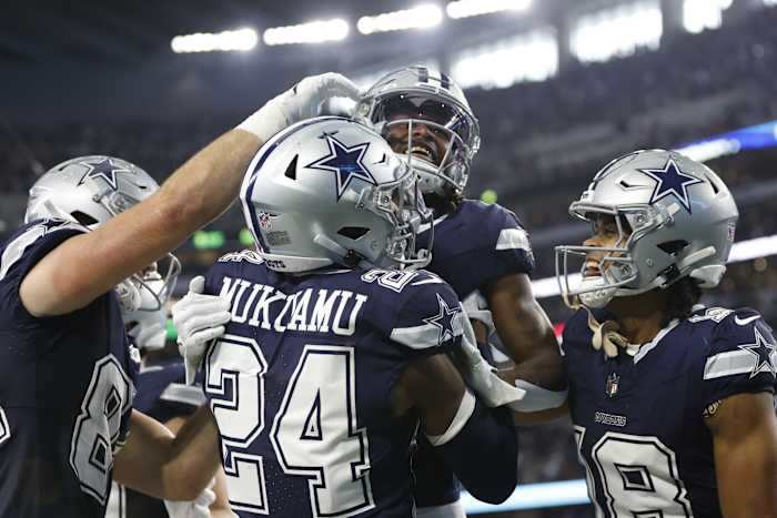 Oct 29, 2023; Arlington, Texas, USA; Dallas Cowboys wide receiver Brandin Cooks (3) celebrates with his teammates after scoring a touchdown in the fourth quarter against the Los Angeles Rams at AT&T Stadium.